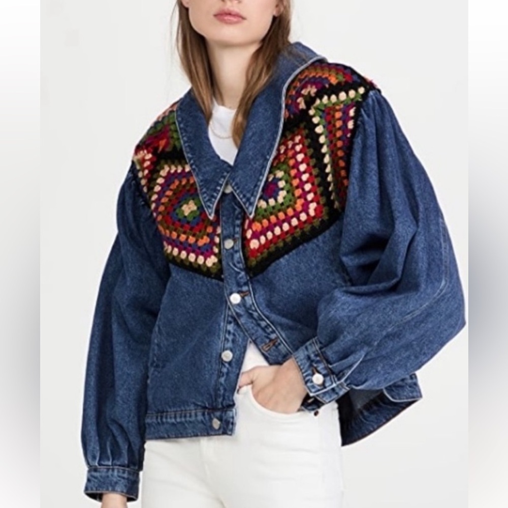Farm Rio X Anthropologie Crochet Denim Trucker Jacket SZ Medium - Picture 1 of 15